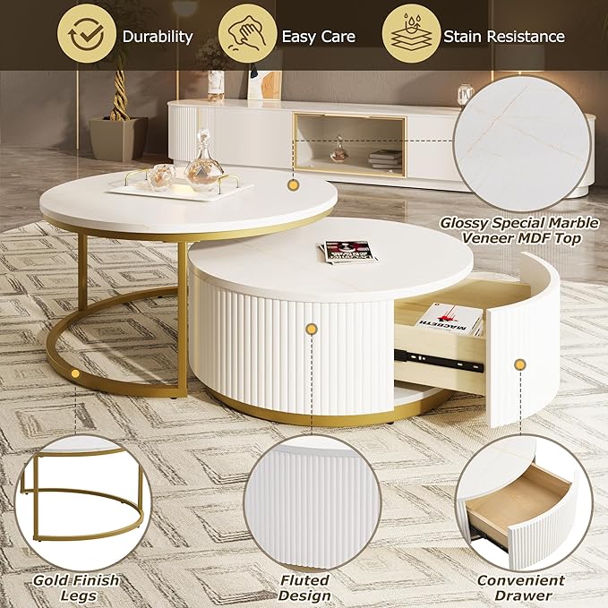 27.6" Modern Round Nesting Coffee Table Fluted with Drawer for Living Room in White & Gold