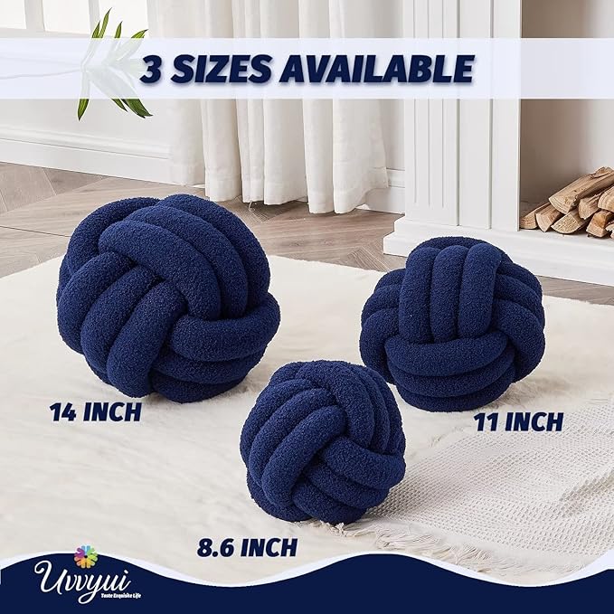 Uvvyui Knot Pillow Ball, Soft Home Decorative Pillows, Round Throw Pillow, Handmade Knotted Plush Pillow, Round Boucle Pillow Cushion (14 Inches Navy)