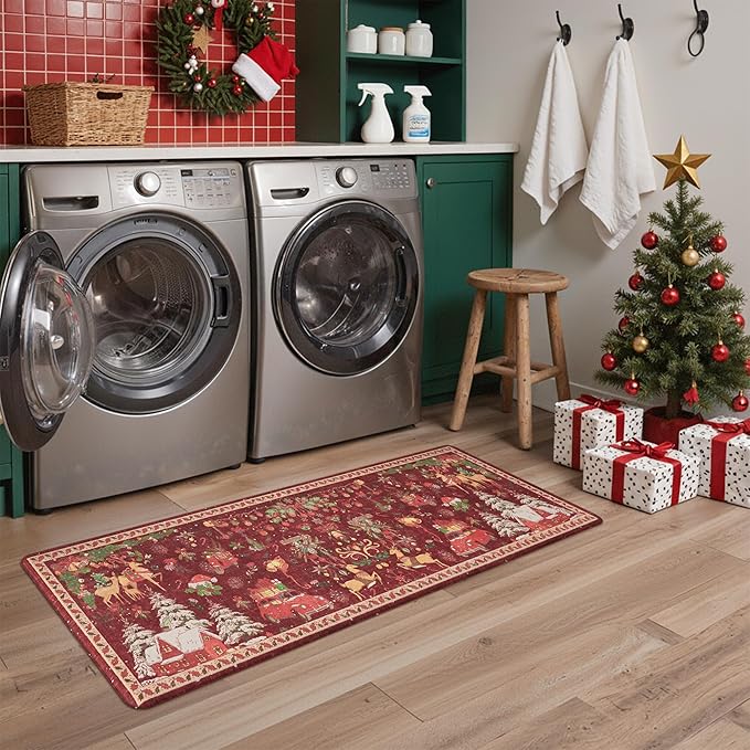 GENIMO Christmas Decorations - Kitchen Mats for Floor, 2PCS Christmas Kitchen Rugs, Cushioned Anti Fatigue Mat for Home Decor, Waterproof Non Slip Standing Mat for Laundry, 17.3"x47"+17.3"x30", Red