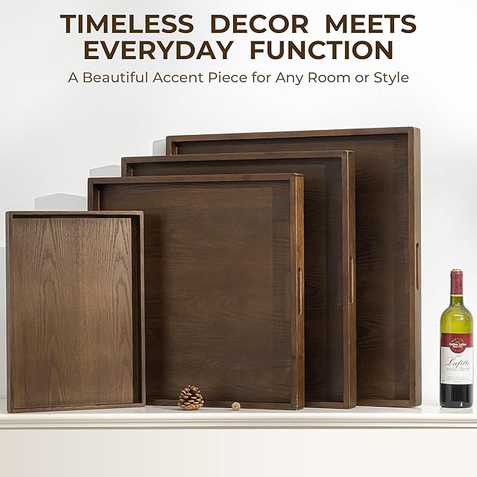 Axeman 22 Inch Large Square Wooden Ottoman Tray for Living Room|Extra Large Serving Tray with Handles for Coffee Table, Breakfast|Decorative Wood Tray for Ottoman Couch Sofa Kitchen|Walnut