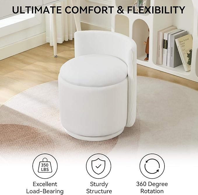 Velvet Vanity Chair with Storage, 360° Swivel Makeup Chair with Wave Back, No Assembly Small Accent Stool for Bedroom, Dressing, Living Room, White