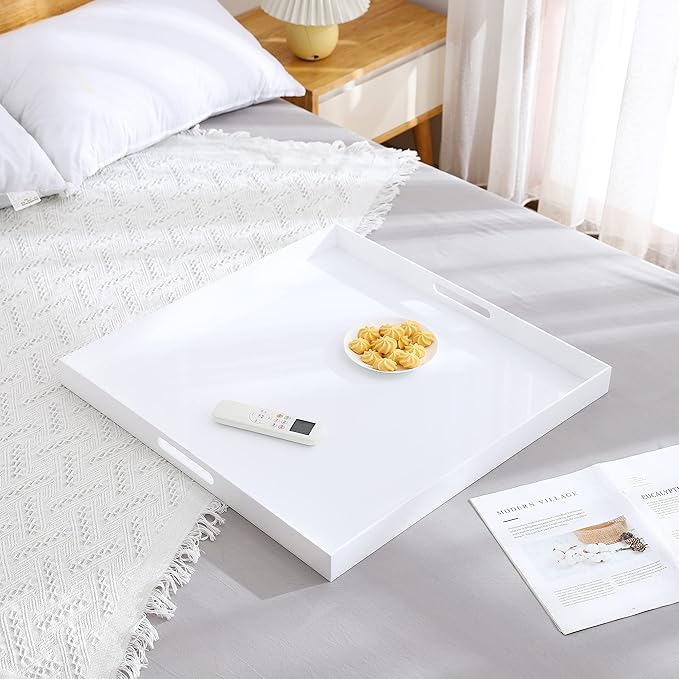 Large White Acrylic Serving Tray with Handles-19x19x2H Inch Big Size Spill Proof Tray for Ottoman,Coffee Table, Breakfast, Tea, Food, Butler -Safe Edge Organizer-Decorative