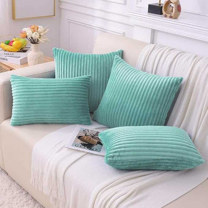 Simmore Decorative Fall Throw Pillow Covers 20x20 Set of 2, Soft Plush Flannel Double-Sided Fluffy Couch Pillow Covers for Sofa Living Room, Aqua Haze