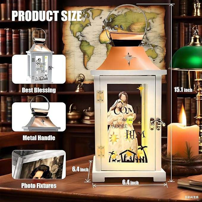 Christmas Candle Lanterns Decorative Indoor- Hanging Candle Lantern with Resin Christmas Nativity Figurine That Light up for Modern Farmhouse Decor, Xmas Lantern for Table Centerpieces, Home Décor