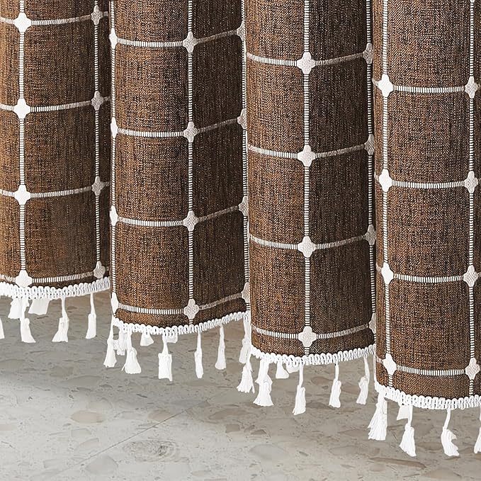 MitoVilla Brown Boho Shower Curtains for Modern Farmhouse Bathroom Decor, Country Thick Polyester Linen Fabric Shower Curtain with Tassel, 72 x 72