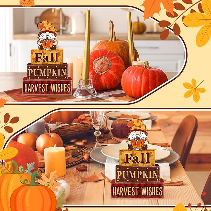 4 Pcs Fall Decorations for Home Thanksgiving Gnome Tiered Tray Decor, Fall Table Decor Farmhouse Rustic Wooden Gnome Pumpkin Block Sign Autumn Tabletop Centerpieces for Home Kitchen Indoor