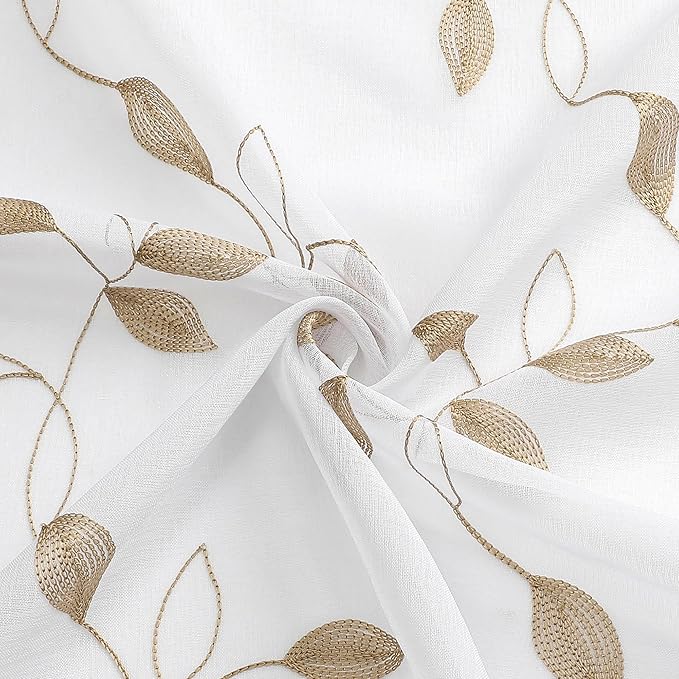 Tollpiz Taupe Leaf Sheer Curtains Leaves Embroidered Living Room Short Curtain Rod Pocket Voile Window Treatments for Bedroom, 54 x 45 inches Long, Set of 2 Panels