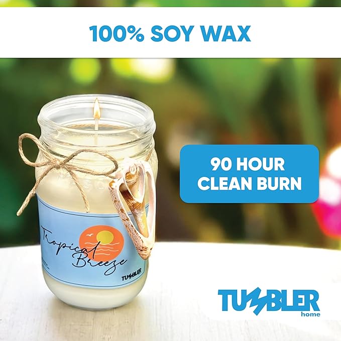 Tumbler Home Beach Candle, Large Scented Summer Candle, 100% Soy Wax, 90 Hour Burn, Mason Jar with Real Shell, Coastal Decor & Beach Themed Gift for Women, Made in USA, Tropical Fruits Fresh Air Scent