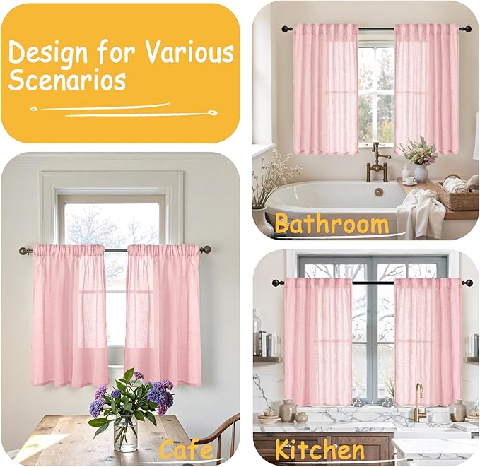 YoungsTex Light Pink Cafe Linen Curtains 40 Inch Length for Small Window, Half Window Drapes Light Filtering with Rod Pocket Back Tab for Bathroom, 2 Panels, 34 X 40 Inch