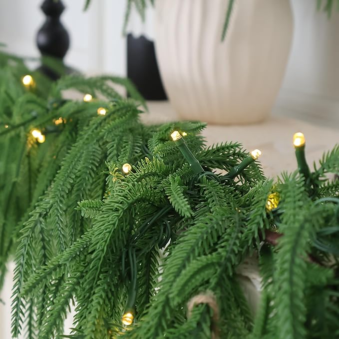 Christmas Garland Prelit Real Touch Norfolk Pine Garland Artificial Realistic Greenery Garland for Mantle Fireplace Table Centerpiece Indoor Outdoor Home Decor 6FT
