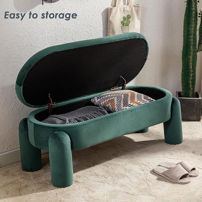 DUOMAY Velvet Storage Ottoman Bench, Upholstered Fabric Storage Bench End of Bed Stool for Bedroom Living Room Entryway, 44.75" Width, Green