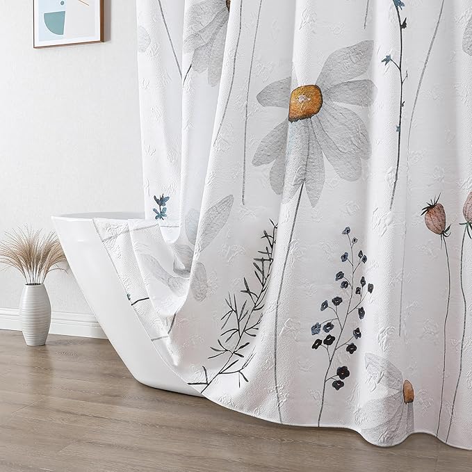 QiyI Floral Shower Curtain, 3D Embossed Butterflies Flower Bathroom Curtain, Watercolor Grey Daisy Minimalist White Cloth Bath Curtain, Waterproof Fabric Soft Shower Curtain Set with Hooks, 72x72