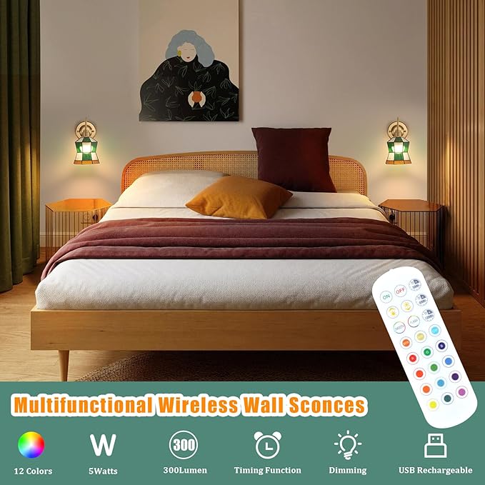 Vintage Battery Operated Wall Sconce with Remote, Rechargeable LED Wall Lamp 3 Colors Dimmable, Brass Wall Lights Fixture for Bedroom Bathroom Living Room Hallway Polygonal Checker