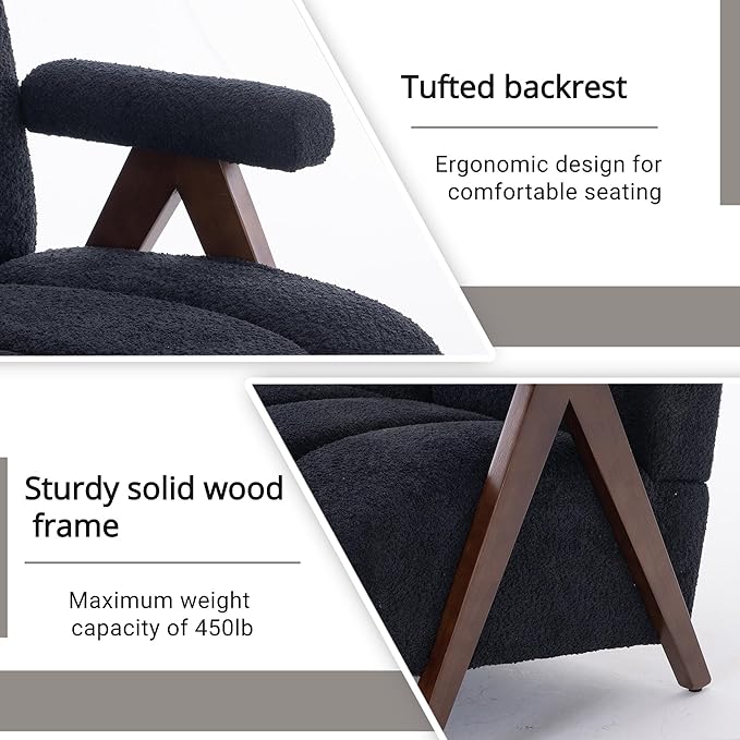 Mid Century Modern Accent Chair Loveseat Sofa with Solid Wood Frame, Boucle Upholstered Living Room Chairs with Thick Cushion, Comfy Tufted Arm Chair for Bedroom, Black