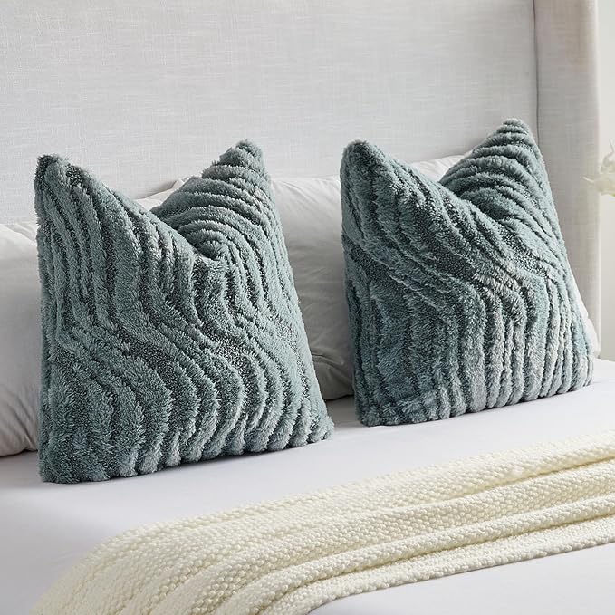 FUTEI Blue Decorative Throw Pillow Covers 26x26 Inch Set of 2,Soft Faux Fur Geometric Shapes Texture Euro Pillow Shams,Boho Home Decor for Couch Bed Living Room