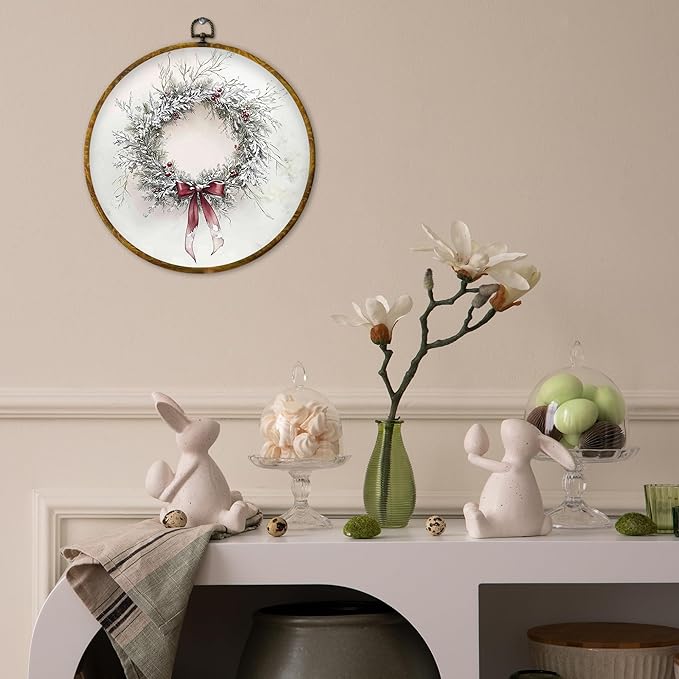 QZQE Vintage Christmas Wreath Round Wall Art Decor Framed, Winter Snowy Country Circle Canvas Prints, Cozy Xmas Winter Holiday Circular Wall Hanging Decor for Home Bedroom Living Room, 10x10 Inch