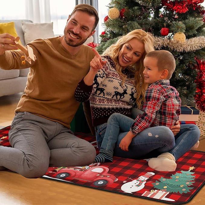 Buffalo Plaid Red Truck Christmas Kitchen Rugs 2 PCS, Merry Christmas Kitchen Rug, Non Skid Washable Soft Comfort Kitchen Rugs Set (17"x47"+17"x30",Merry Christmas)