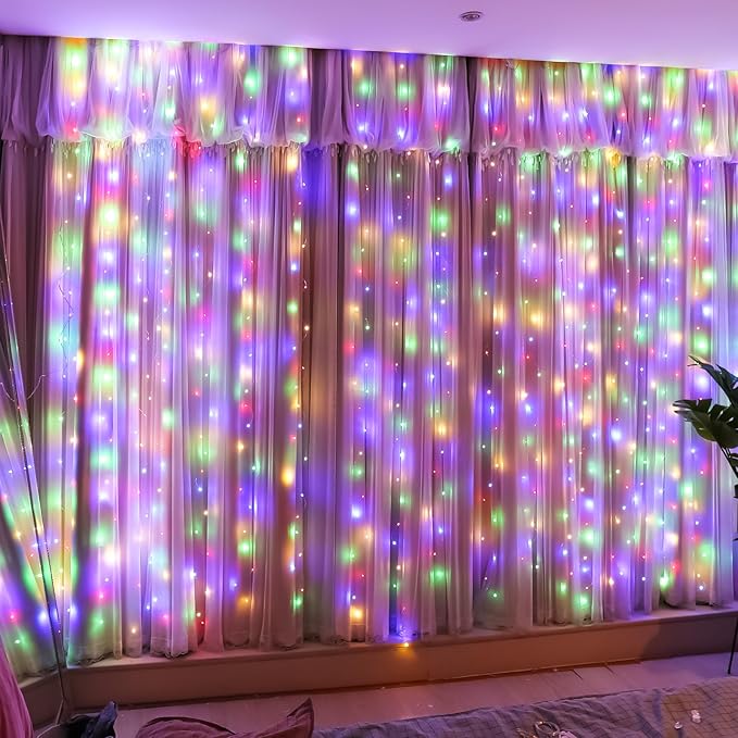 HXWEIYE 300LED Fairy Curtain Lights, 9.8x9.8Ft Multicolor USB Plug in 8 Modes Timer Christmas String Hanging Lights with Remote for Bedroom Backdrop Wedding Party Home Wall Garden Outdoor Indoor Decor