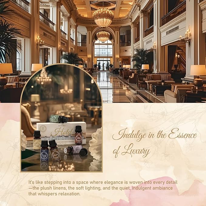 Fragrance Oils Hotel Set—Santal, Luxury Night, White Tea & Thyme, Gardenia Bloom, Dream Walk, Citrus Amber, Essential Oils for Diffuser, Candle & Soap Making, Luxury Diffuser Oils Scents