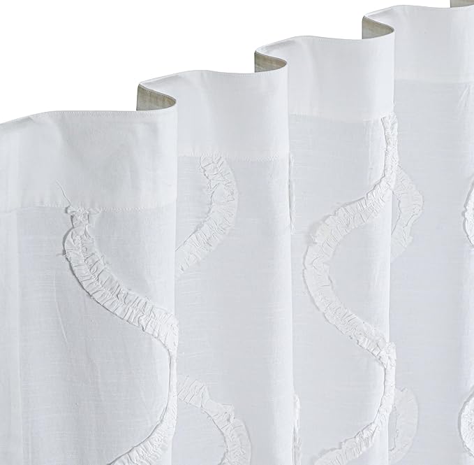 Bedding Craft White Cotton Farmhouse Tab Top Curtains Set of 2, 96" Long x 50" Wide, White 2 Panel Drapes Curtains,Frill Trim Semi Sheer Light Filtering Drapes, Pack of 2