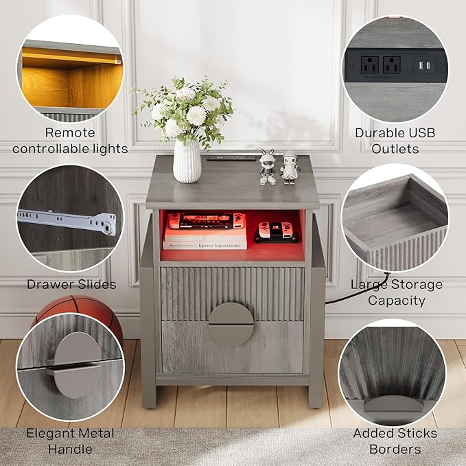 LGHM Large Fluted Nightstand with Charger Station Lights,20.47" W Night Stand with 2 Drawers,Accent Bedside Table and End Table,Semicylinder Drawer,Stable Raised Legs,Large Compartment,Gray