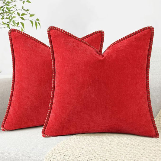 decorUhome Christmas Chenille Soft Throw Pillow Covers 20x20 Set of 2, Farmhouse Velvet Neutral Decorative Euro Pillow Covers with Stitched Edge for Couch Sofa Bed Home Decor, Red