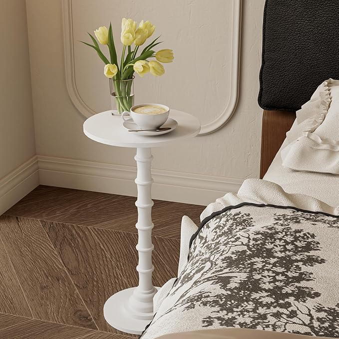 Round Side Table, Modern Drink Table for Small Spaces, Small End Table with Solid Wood Leg for Living Room, Bedroom, Corners, and Office (White)