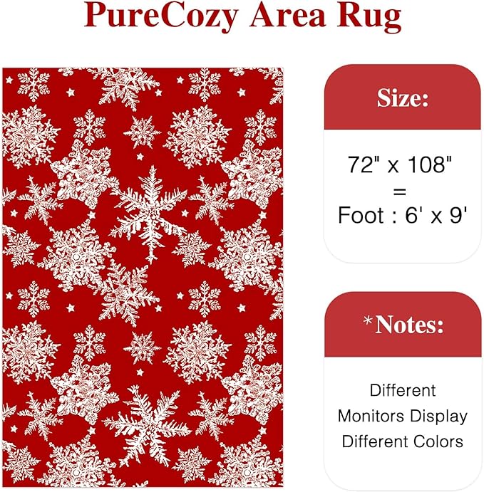Red Area Rug 6x9 Christmas Living Room Carpet Snowflake Washable Bedroom Carpet Xmas Holiday Decor Non Slip Indoor Large Decorative Throw Rug for Dining Room Nursery