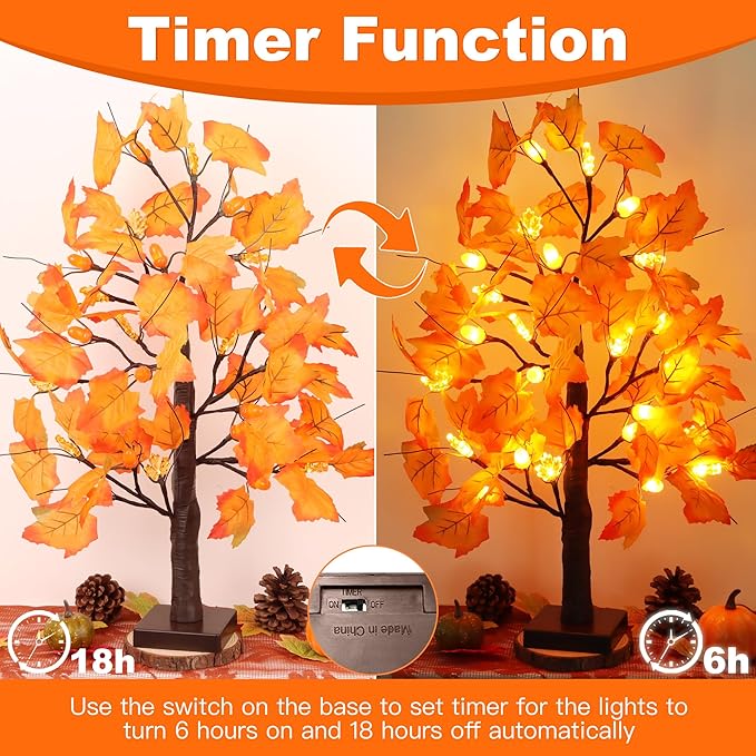 2 Pack 24 Inch Prelit Fall Maple Tree Fall Thanksgiving Decorations with 48 LEDs Battery Operated Timer Lighted Acorn Maple Artificial Tabletop Light Up Tree for Home Indoor Thanksgiving Table Decor
