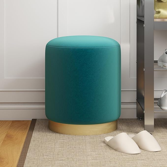 DAGONHIL Modern Round Pink Velvet Ottoman,Upholstered Floor Stools with Gold Plating Base,Accent Makeup Stool for Living Room,Bedroom and Kids Room,Pack of 1(Blue Green)
