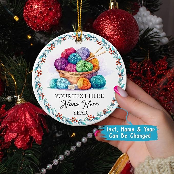 Knitting Ceramic Ornaments, Yarn Balls Ornaments, Personalized Crocheting Wood Ornament Christmas 2025, Customized Name & Year, Gifts for Mom Grandma, Knitting Accessories Ornament Xmas Tree Decor