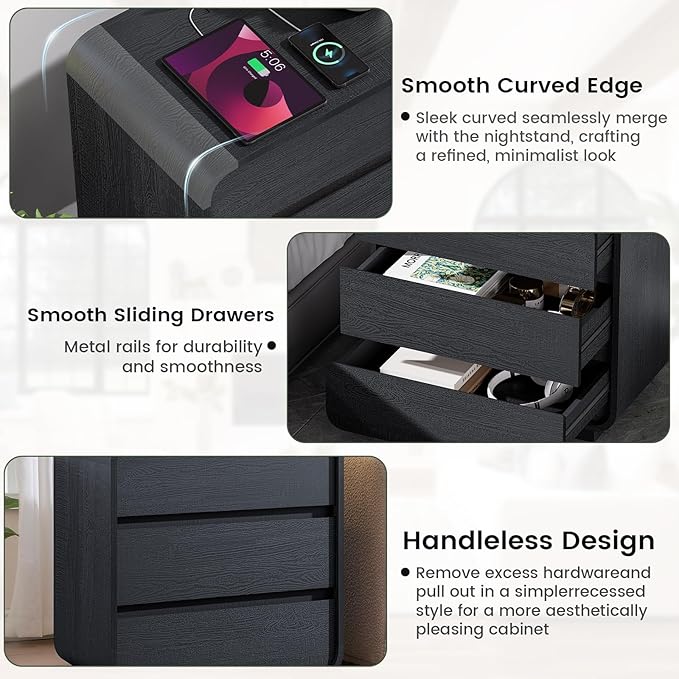 Black Night Stand Set of 2 with Charging Station, 25" Tall Wood Nightstand, Modern Dresser End Table with 3 Storage Drawers, Curved Profile, Mid Century Bedside Table for Bedroom Office