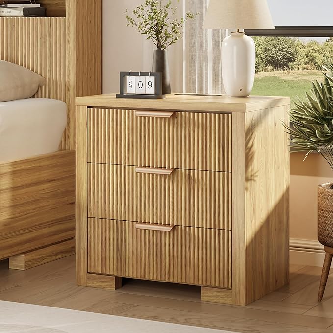 Fluted Nightstand Set of 2 with Charging Station, 23.6" Night Stand with 3 Drawers,End Table with Storage, Bed Side Table for Bedroom,Modern Nightstand for Living Room, Oak