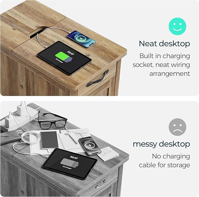 LINSY HOME End Table Set of 2 with Charging Station, Modern Farmhouse Sofa Couch Side Table, Wooden Bedside Table for Living Room Bedroom, Narrow Nightstand with Storage for Small Space, Brown