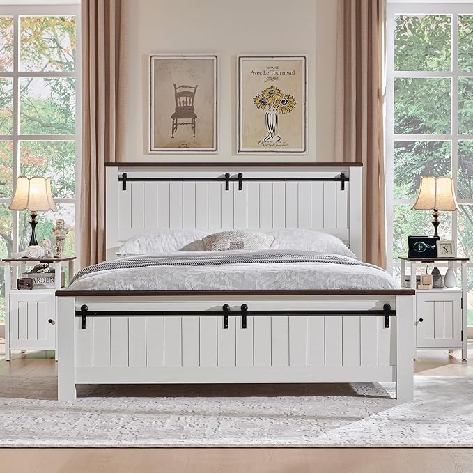 Farmhouse Nightstands Set of 2, Narrow Bedside Table with Charging Station, Night Stand Set 2 with Storage & Open Shelf, End Tables w/Groove Barn Door for Bedroom, Living Room-Antique White