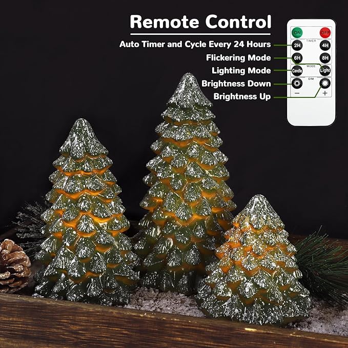 Green Christmas Tree Figurines Hand-Painted Tabletop Tree Flameless Candles Real Wax Flickering LED Battery Operated with Remote Lighted Christmas Tree Decoration for Shelf Fireplace Mantel Holiday