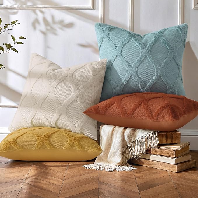 decorUhome Set of 4 Throw Pillow Covers 18x18 Inch, Neutral Decorative Soft Plush Faux Wool Couch Pillow Covers, Farmhouse Pillow Cases for Living Room Bed Sofa (Beige/Rust)