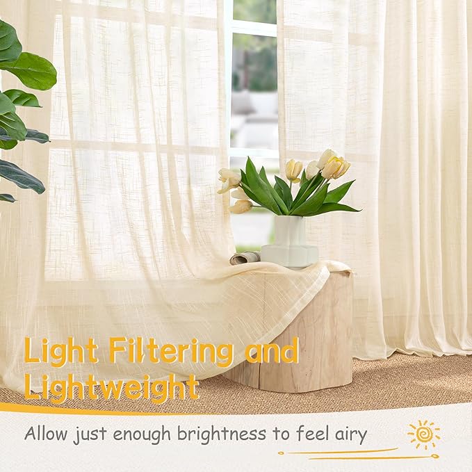 YoungsTex Champagne Linen Curtains for Living Room 95 Inches Long 2 Panels, Semi Sheer Window Treatments Light Filtering Textured Floor Length with Rod Pocket Back Tab for Bedroom Dining, 52 X 95 Inch