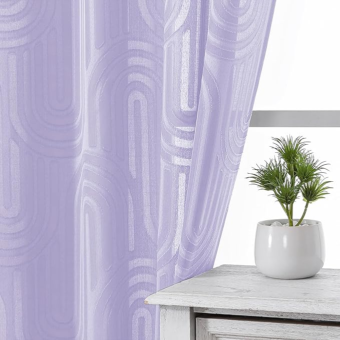 Simplebrand Lavender Sheer Curtains 54 Inch Length 2 Panels, Geometric Mid Century Jacquard Clip Textured Short Curtains Sheer for Bedroom, Light Filtering Rod Pocket Window Curtains, 42Wx54L Inches