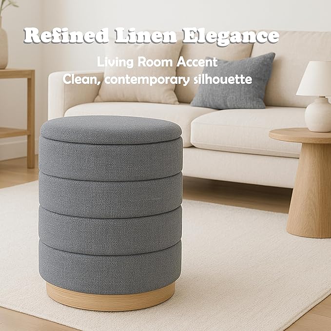Round Ottoman with Storage โ Elegant Durable Linen Upholstered Footrest Bench for Living Room, Cylinder Vanity Stool โ Grey