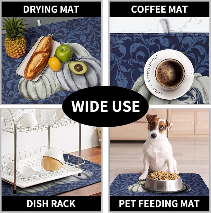 Autumn Dish Drying Mat Fall Navy Blue White Pumpkin Dish Pad for Kitchen Counter 16x18 Microfiber Absorbent Thanksgiving Dish Draining Mat Reusable Washable Dish Drainer Rack Mat