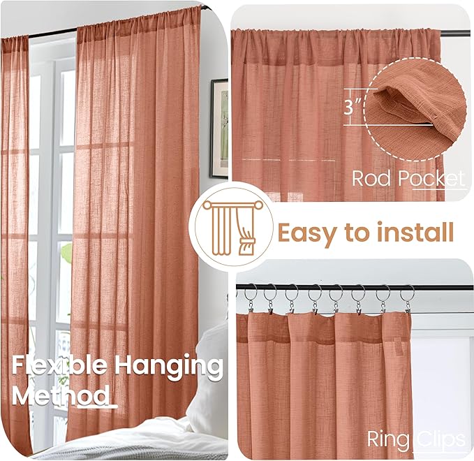BGment Linen Short Curtains 40 Inch Length for Window, Terracotta Drapes for Kitchen Cafe Over Sink Bathroom Decor Rod Pocket Rustic Textured Lightweight Semi Sheer, 2 Panels Set, Each 30 Inch Wide