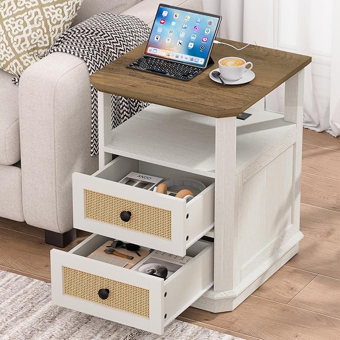 End Table with Charging Station, 24” Tall Sofa Side Table with Rattan Drawer, Anti-Collision Angle Wooden Night Stand for Living Room, Bedroom, Office.