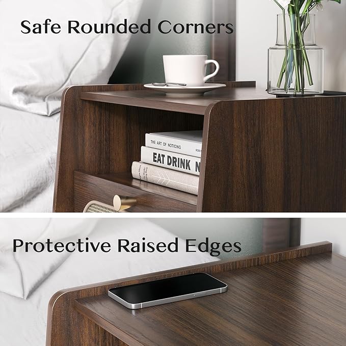 Nightstand Set of 2, Rattan Night Stands with Charging Station, Mid Century Modern Bedside Table with Drawer, Boho Dark Brown End Table with Storage, Wood Side Table for Bedroom, Dark Walnut
