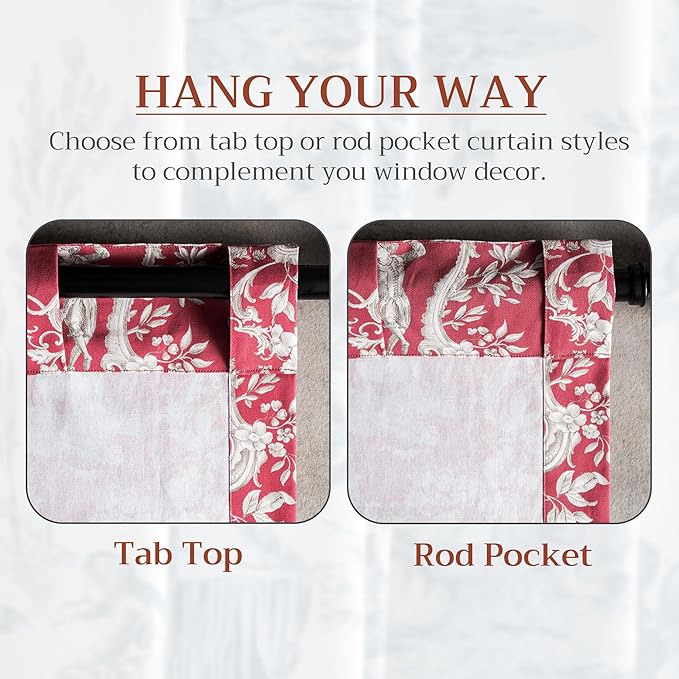 Maison d' Hermine Curtains for Living Room 100% Cotton 108 inch Length One Panel Light Filtering Toile Curtains for Bedroom Windows with Rod and Loop Pockets Drapes (Joli Jouy Red, 50" W x 108" L)