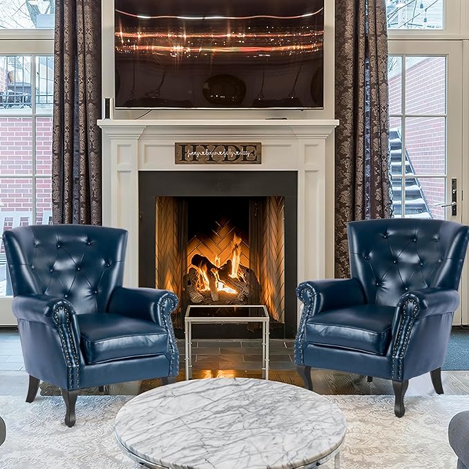 MOJAY PU Leather Accent Chair, Mid-Century Modern Armchair Living Room Club Chair with Tufted Button & Rivet Trim, Upholstered Sofa Chair with Sturdy Wood Legs for Bedroom (Navy)