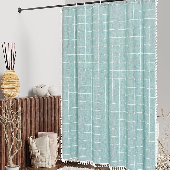 MitoVilla 72 x 84 Teal Blue Boho Extra Long Shower Curtain, Turquoise Farmhouse 84 inch XL Polyester Linen Texture Tassel Fabric Shower Curtain Set with Hooks for Cottagecore Country Bathroom Decor