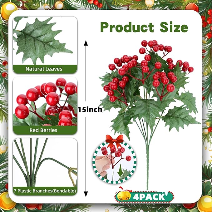 4 Bundles Fake Christmas Pine Branches with Red Berry Stems, Christmas Flowers Artificial for Norfolk Pine Garland and Trees, Faux Berry Picks for Holiday Home Decor