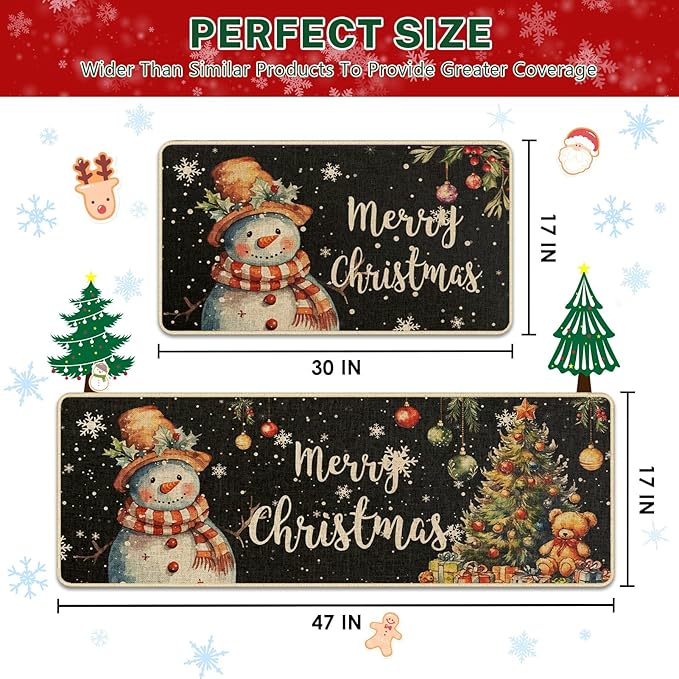 Christmas Snowflake Snowman Kitchen Rugs and Mats Non Skid Washable Set of 2, Xmas Kitchen Mats for Floor Decor