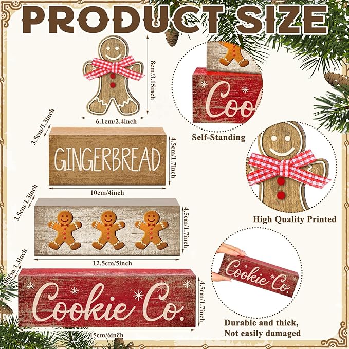4 Pcs Christmas Table Decor Gingerbread Man Decoration Christmas Centerpiece Winter Tiered Tray Decor Rustic Gingerbread Block Signs Gift Winter Table Decoration for Xmas Party Kitchen Home